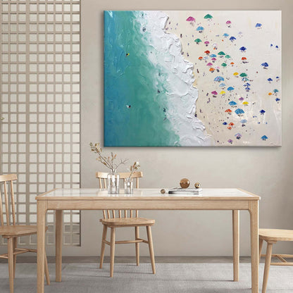 Vibrant Beach Scene Oil Painting with Colorful Umbrellas and Ocean Waves