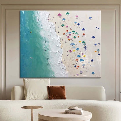 Vibrant Beach Scene Oil Painting with Colorful Umbrellas and Ocean Waves
