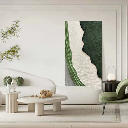 Abstract Green and White Textured Oil Painting for Modern Home Decor