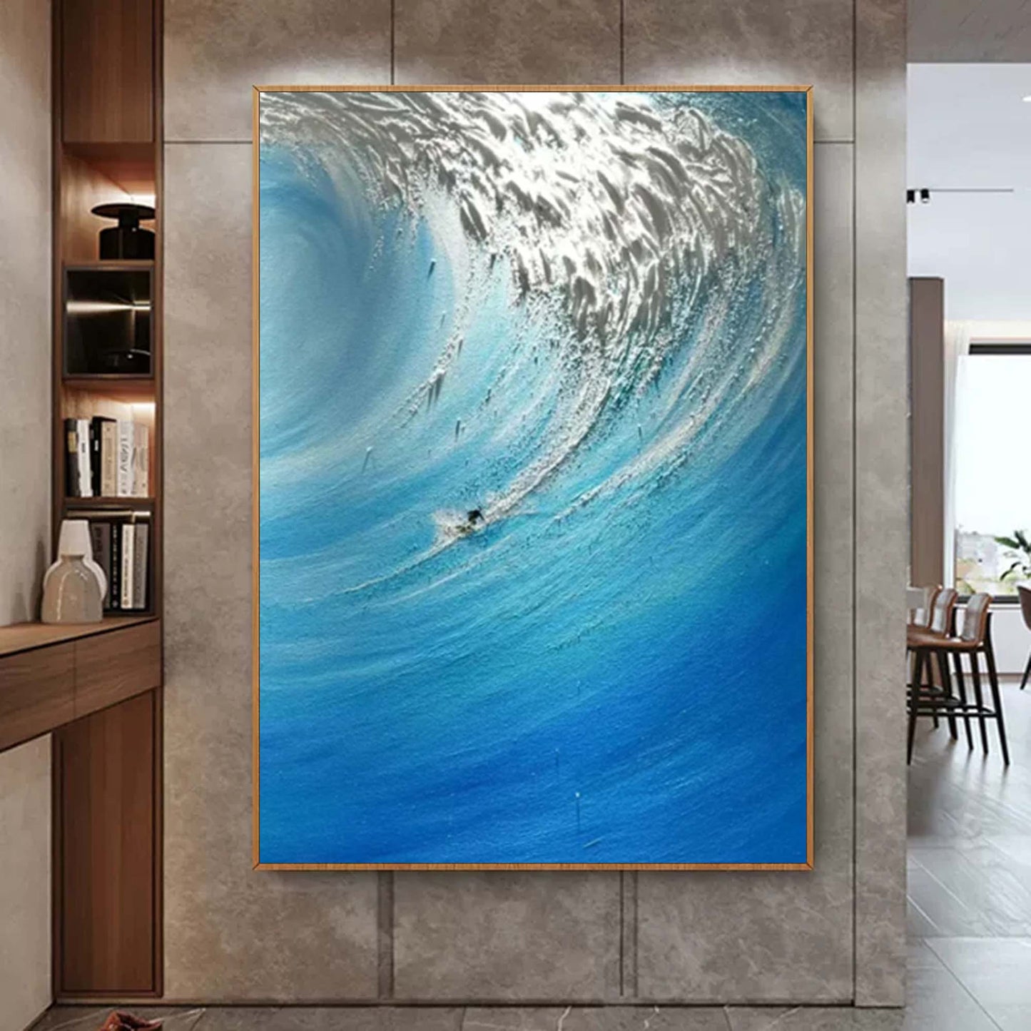 Dynamic Ocean Wave Oil Painting in Vibrant Blues and Silver Hues