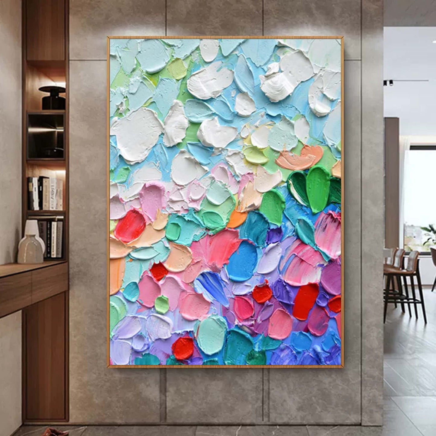 Vibrant Abstract Floral Oil Painting with Bold Textures and Rich Colors