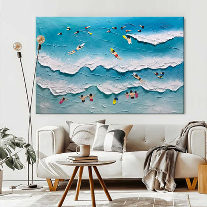 Beach Day Bliss: Vibrant Oil Painting of Surfers and Waves