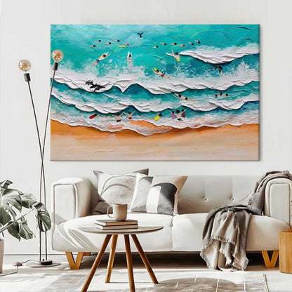 Vibrant Ocean Waves and Surfers Oil Painting with Textural Depth