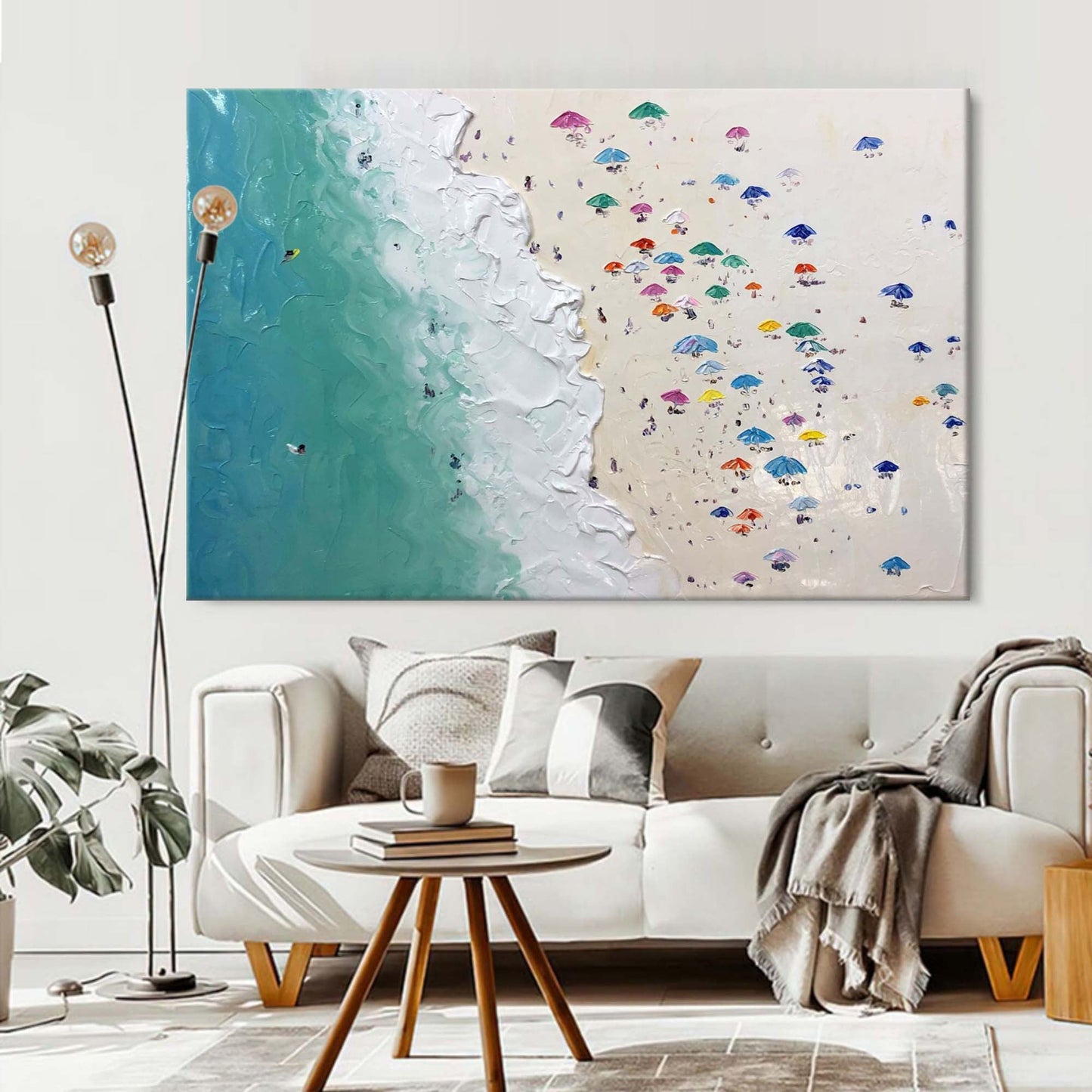 Vibrant Beach Scene Oil Painting with Colorful Umbrellas and Ocean Waves