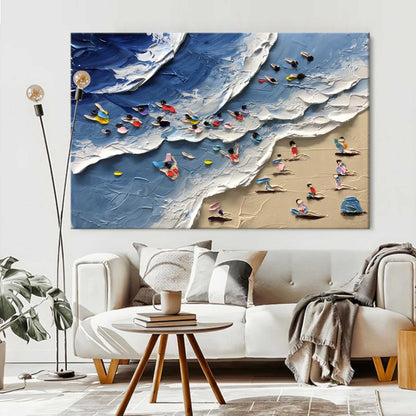 Beach Bliss: Textured Oil Painting of Sunbathers and Vibrant Ocean Waves