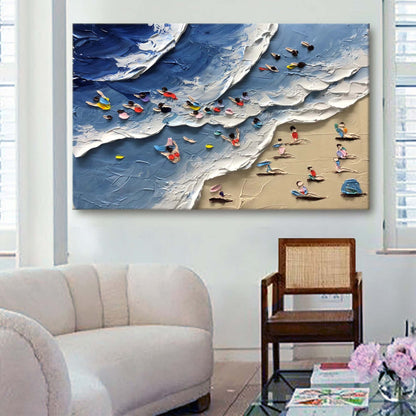 Beach Bliss: Textured Oil Painting of Sunbathers and Vibrant Ocean Waves