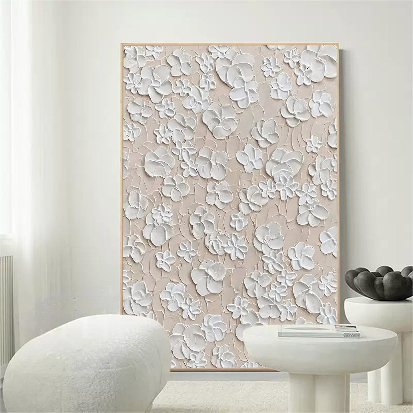 Textured Floral White Oil Painting for Elegant Home Decor