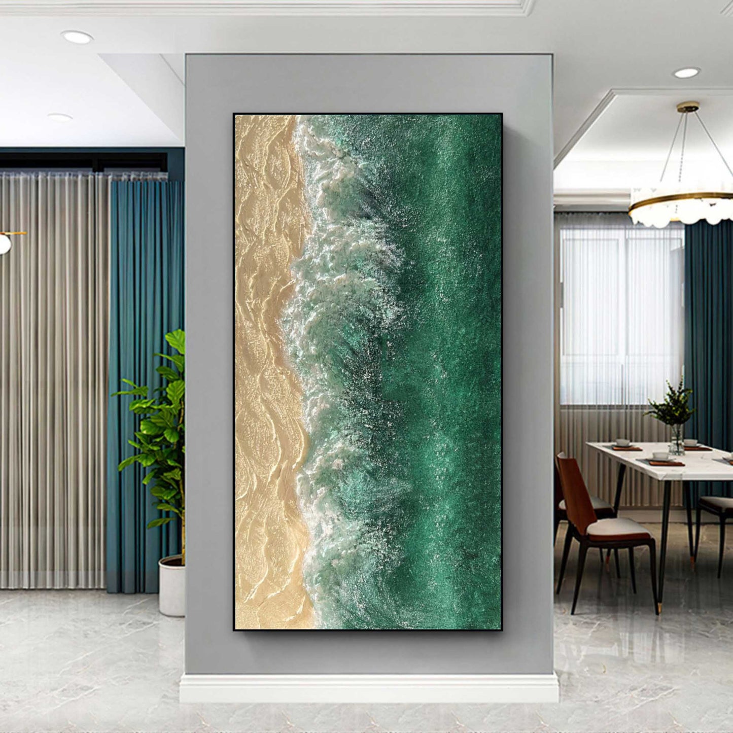 Tranquil Ocean Waves and Sandy Shoreline Oil Painting for Coastal Décor