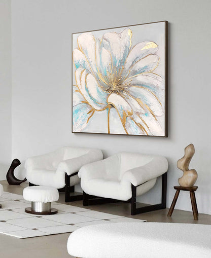 Elegant White Flower Oil Painting with Gold Accents for Home Decor