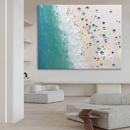 Vibrant Beach Scene Oil Painting with Colorful Umbrellas and Ocean Waves