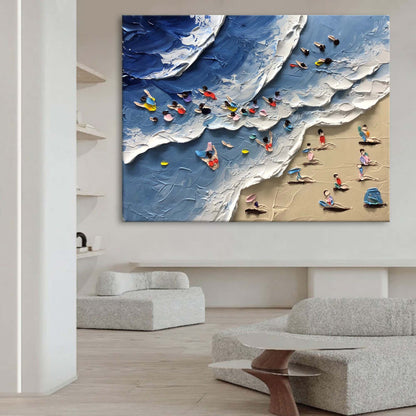 Beach Bliss: Textured Oil Painting of Sunbathers and Vibrant Ocean Waves