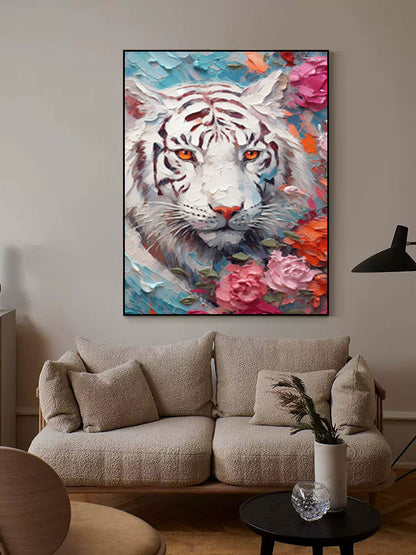 Majestic White Tiger Oil Painting with Floral Accents for Animal Lovers