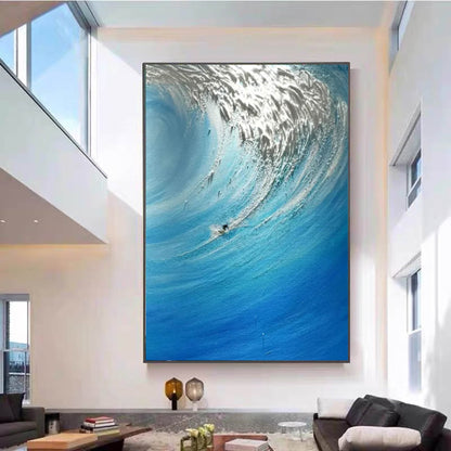 Dynamic Ocean Wave Oil Painting in Vibrant Blues and Silver Hues