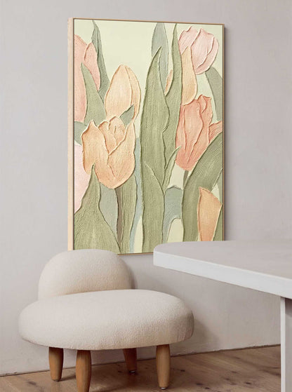 Elegant Floral Oil Painting of Soft Pink Tulips on Textured Canvas