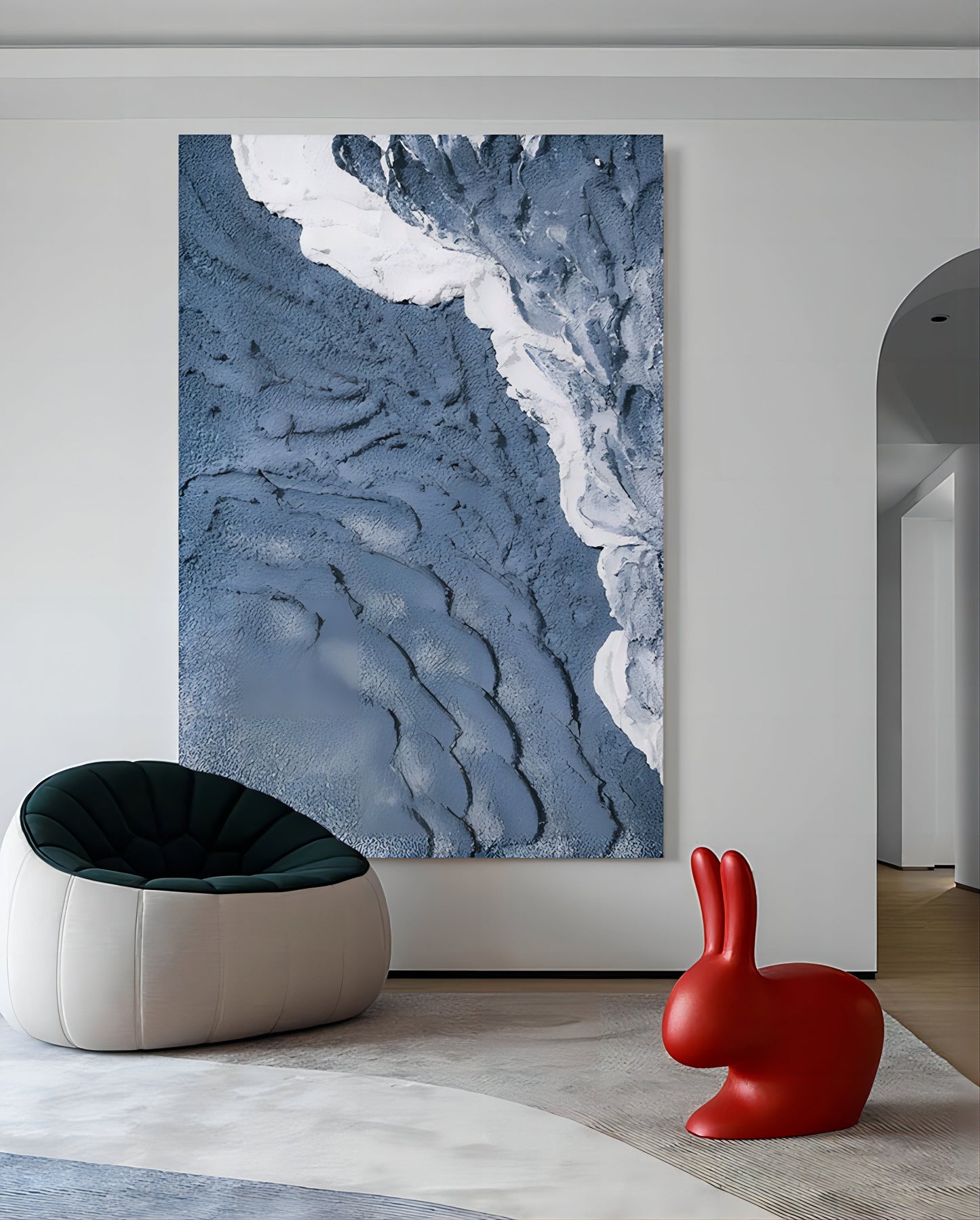 Textured Coastal Landscape Oil Painting in Blue and White Tones for Contemporary Decor