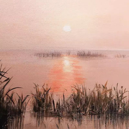 Serene Misty Landscape Oil Painting with Reflective Water at Sunset