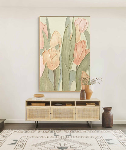 Elegant Floral Oil Painting of Soft Pink Tulips on Textured Canvas