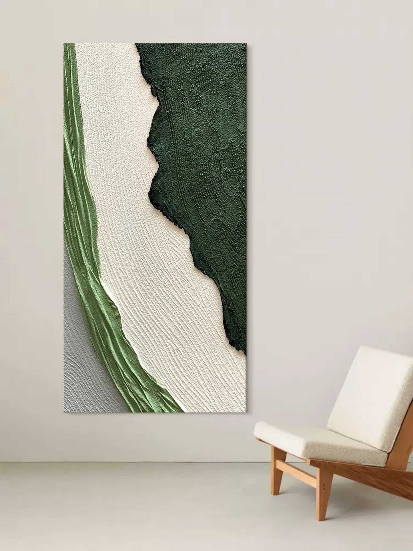 Abstract Green and White Textured Oil Painting for Modern Home Decor