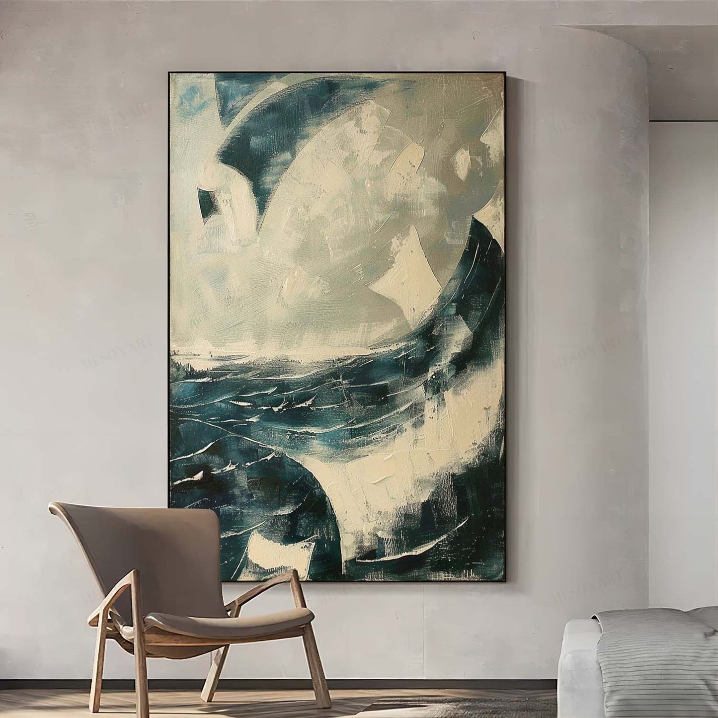 Abstract Ocean Waves Oil Painting with Textured Brushwork for Modern Decor