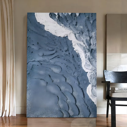 Textured Coastal Landscape Oil Painting in Blue and White Tones for Contemporary Decor