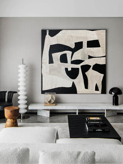 Abstract Black and White Minimalist Geometric Oil Painting for Modern Decor