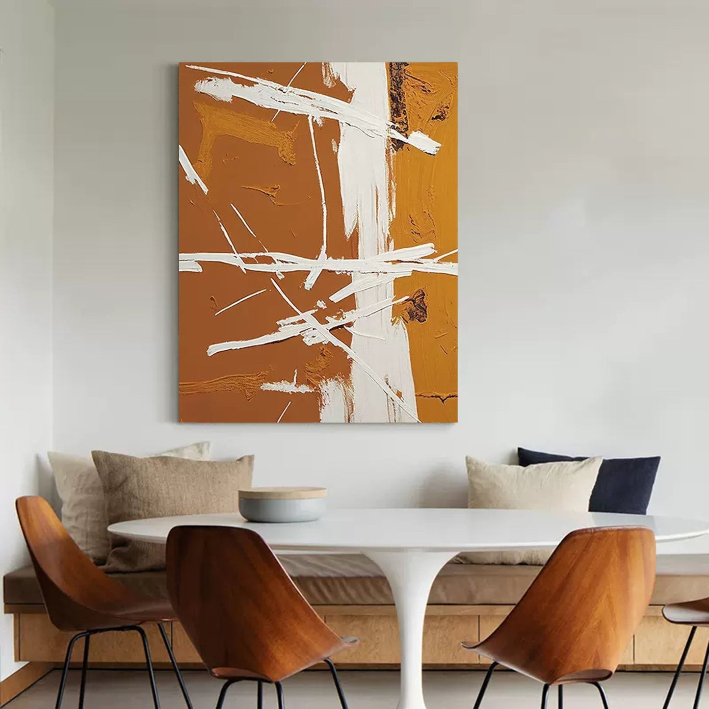 Contemporary Minimalist Abstract Oil Painting with Earthy Tones and Dynamic Lines