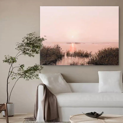 Serene Misty Landscape Oil Painting with Reflective Water at Sunset