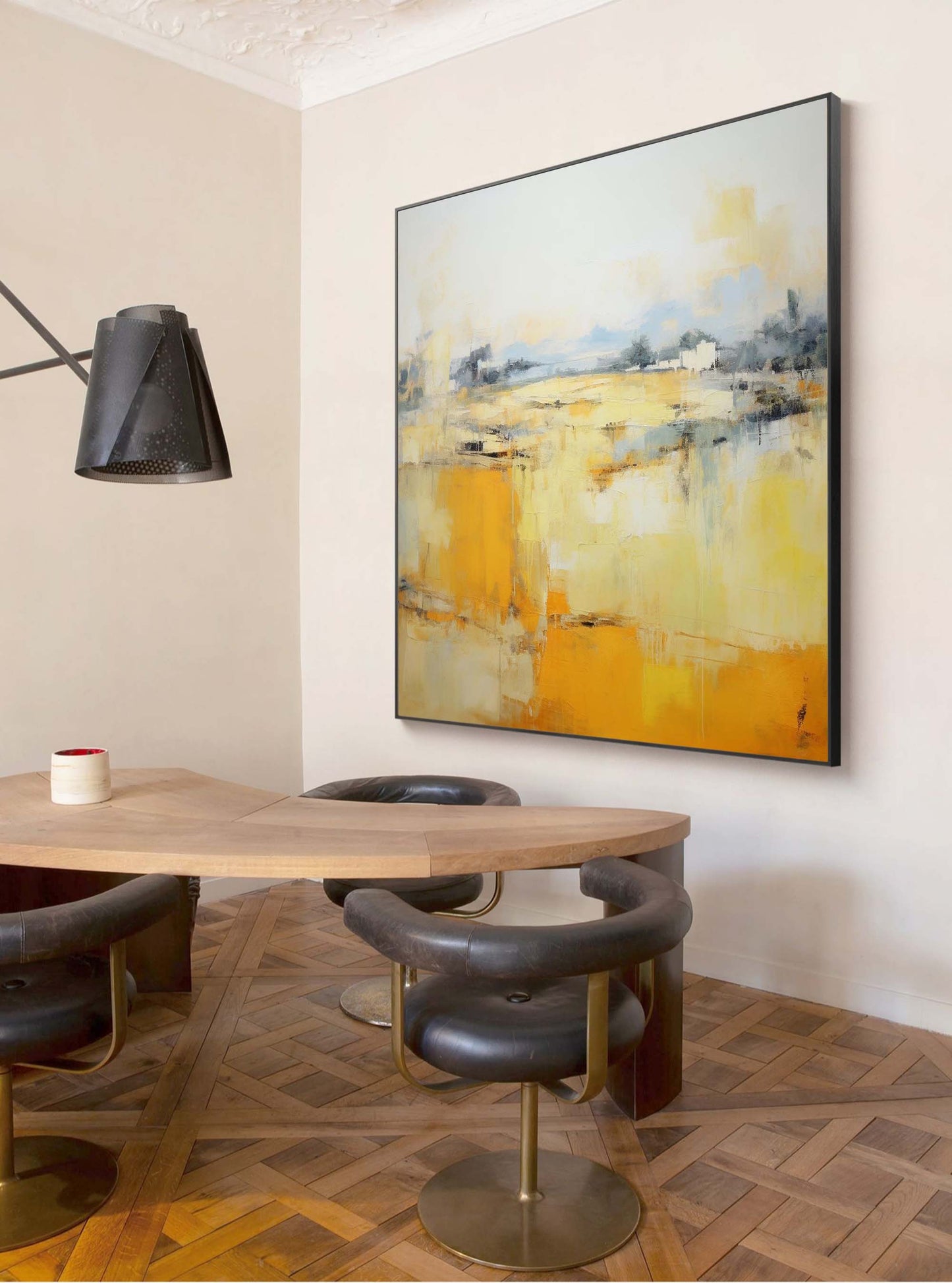 Vibrant Abstract Oil Painting with Warm Yellow and Soft Blue Tones for Modern Decor