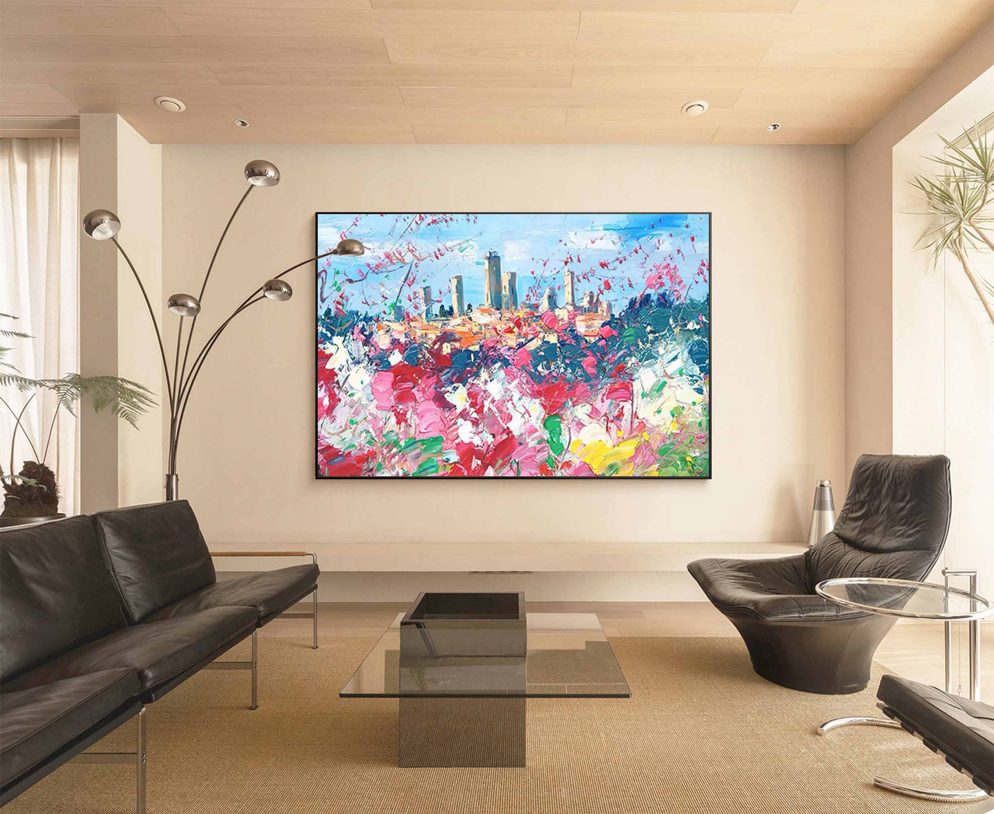 Vibrant Cityscape Oil Painting with Colorful Floral Foreground
