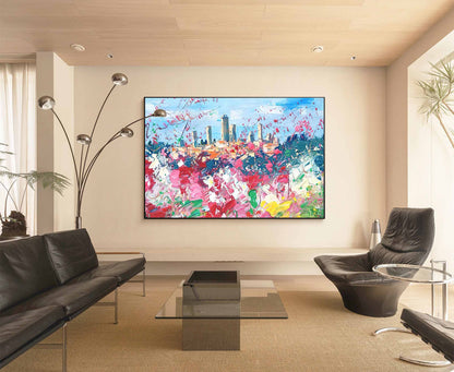 Vibrant Cityscape Oil Painting with Colorful Floral Foreground