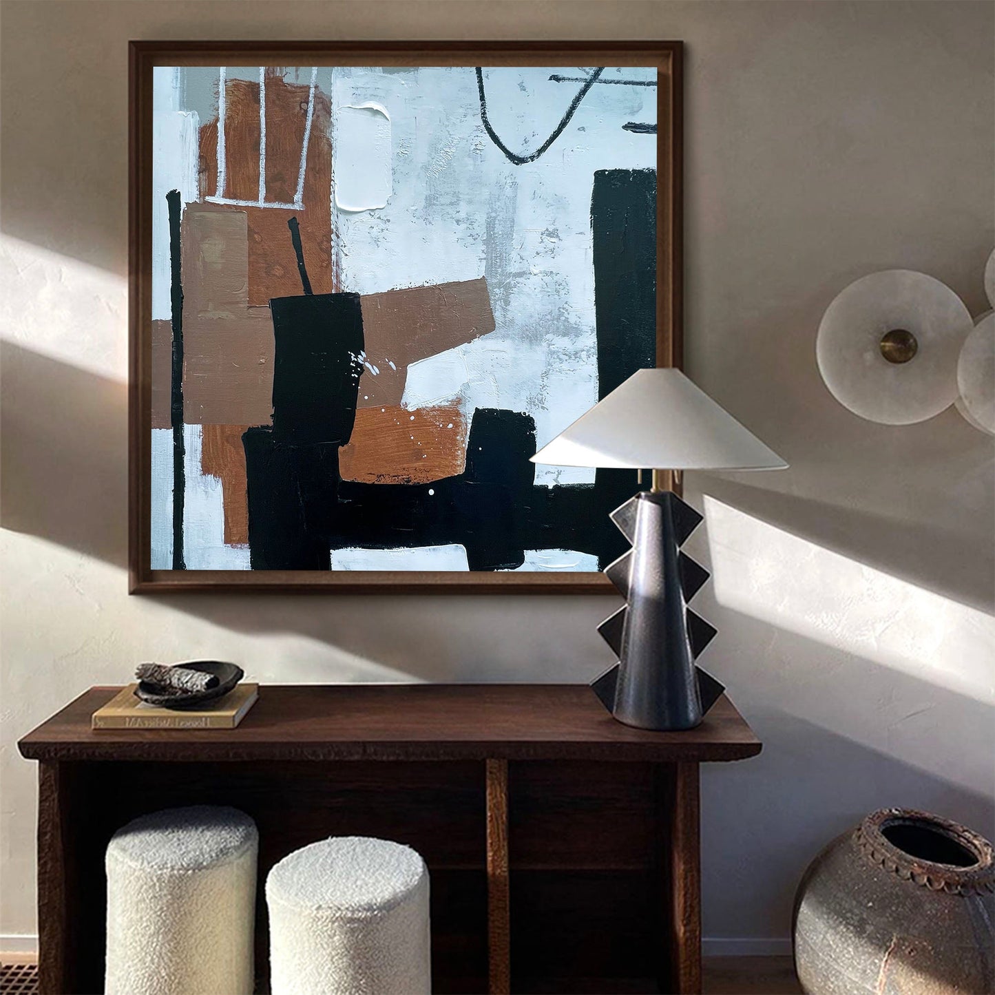 Contemporary Black and Brown Abstract Oil Painting for Elegant Home Decor