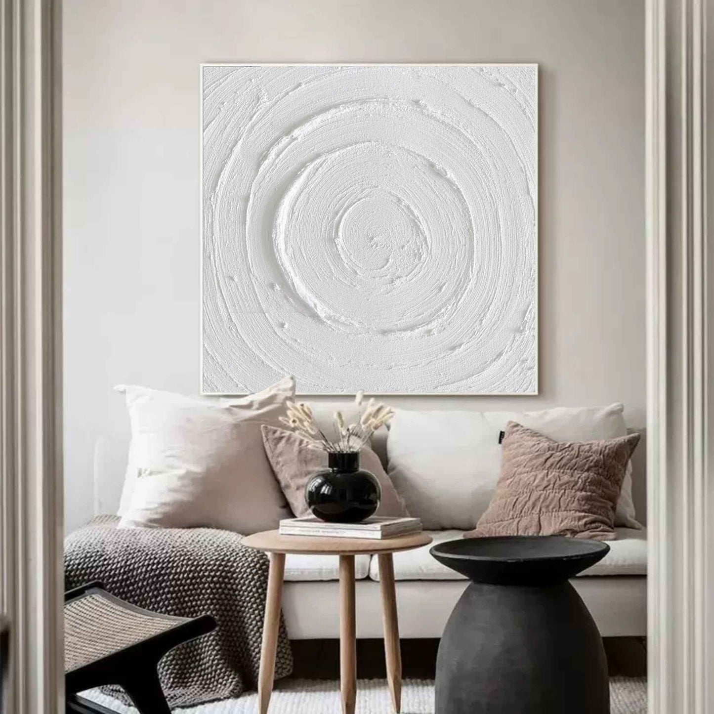 Textured White Circular Abstract Oil Painting for Modern Home Decor