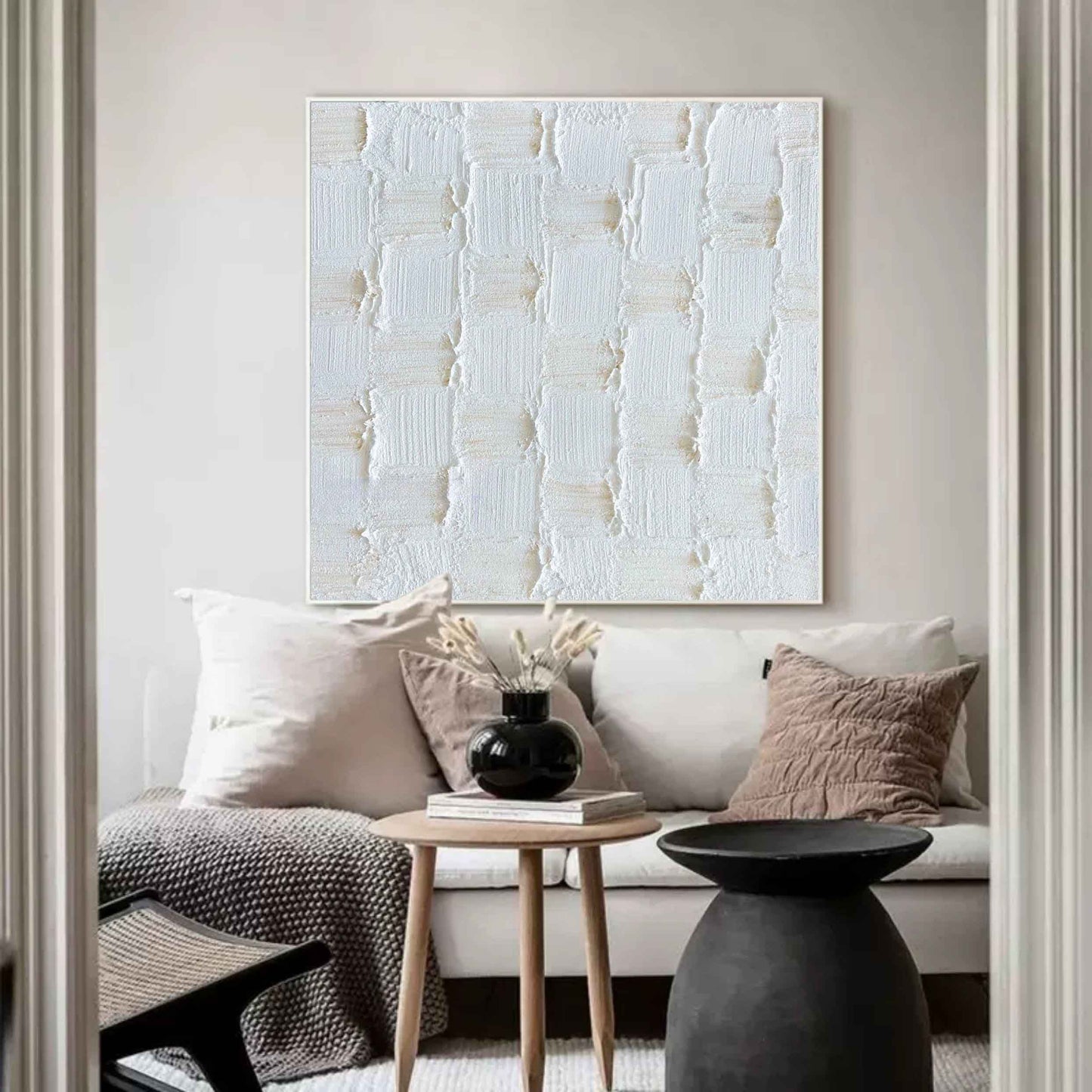 Textured White Oil Painting with Plaster Finish for Modern Home Decor