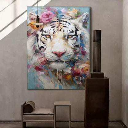 Majestic White Tiger Oil Painting with Floral Accents - Stunning Canvas Artwork for Home Decor