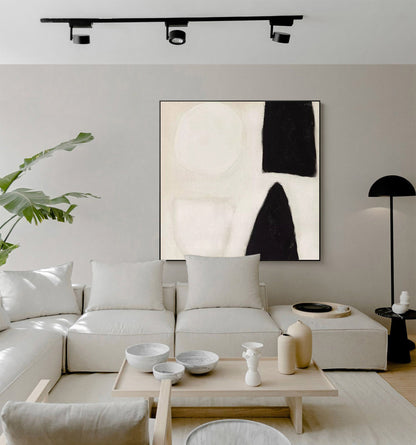 Abstract Black and White Geometric Minimalist Oil Painting for Modern Décor