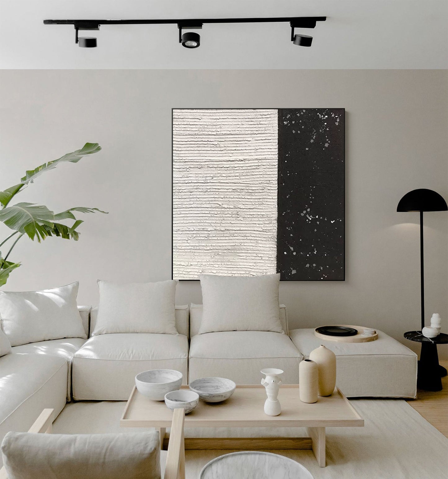 Textured Black and White Minimalist Abstract Oil Painting for Modern Decor