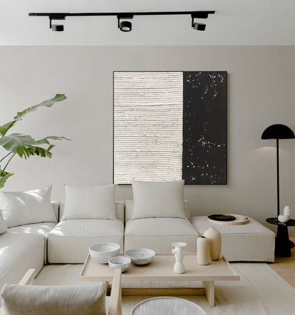 Textured Black and White Minimalist Abstract Oil Painting for Modern Decor