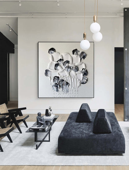 Elegant Minimalist Black and White Flower Oil Painting for Modern Decor
