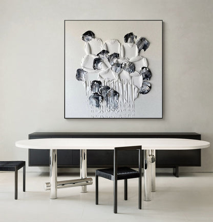 Elegant Minimalist Black and White Flower Oil Painting for Modern Decor