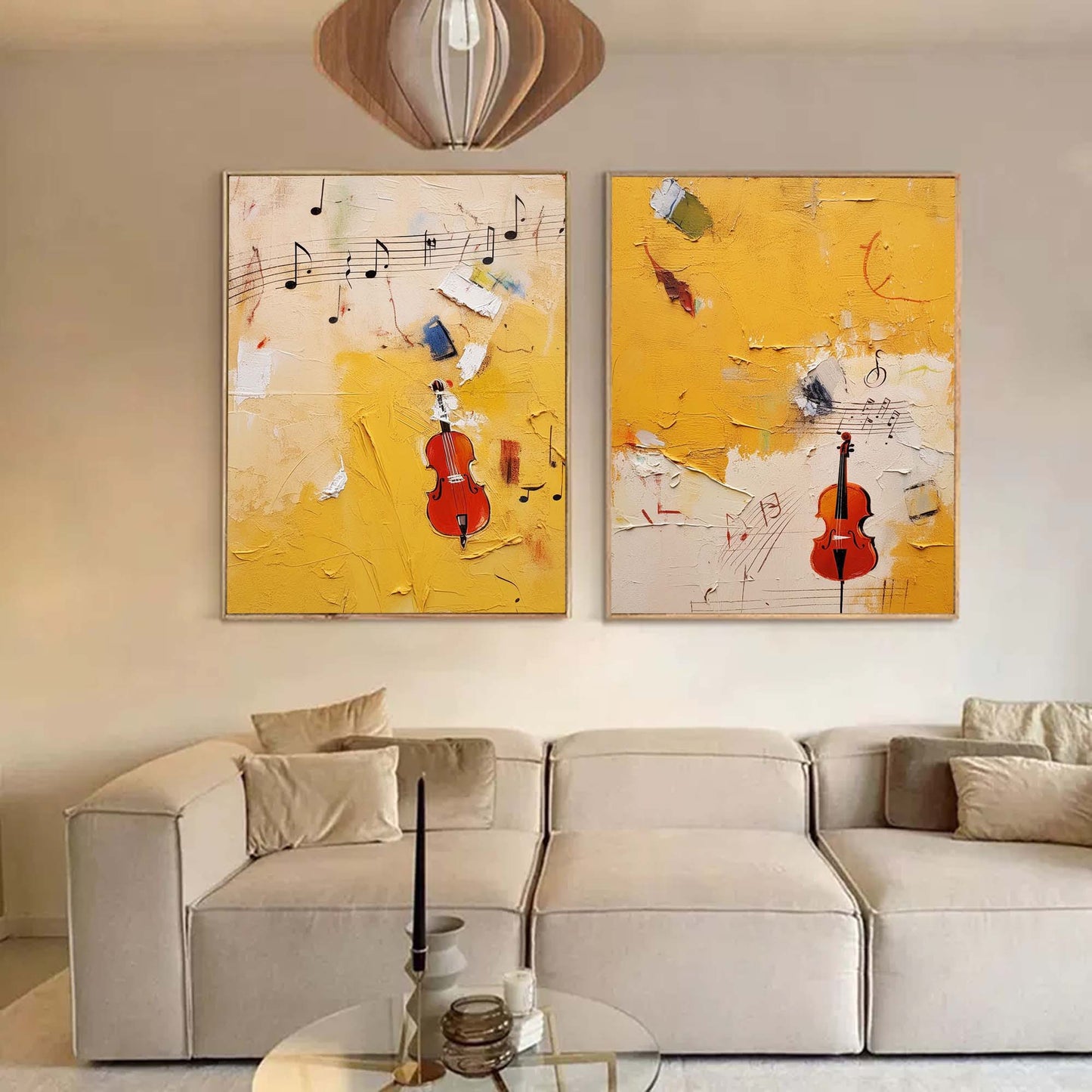 Vibrant Abstract Oil Painting with Violins and Musical Notes in Bright Yellow