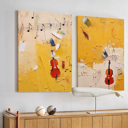 Vibrant Abstract Oil Painting with Violins and Musical Notes in Bright Yellow