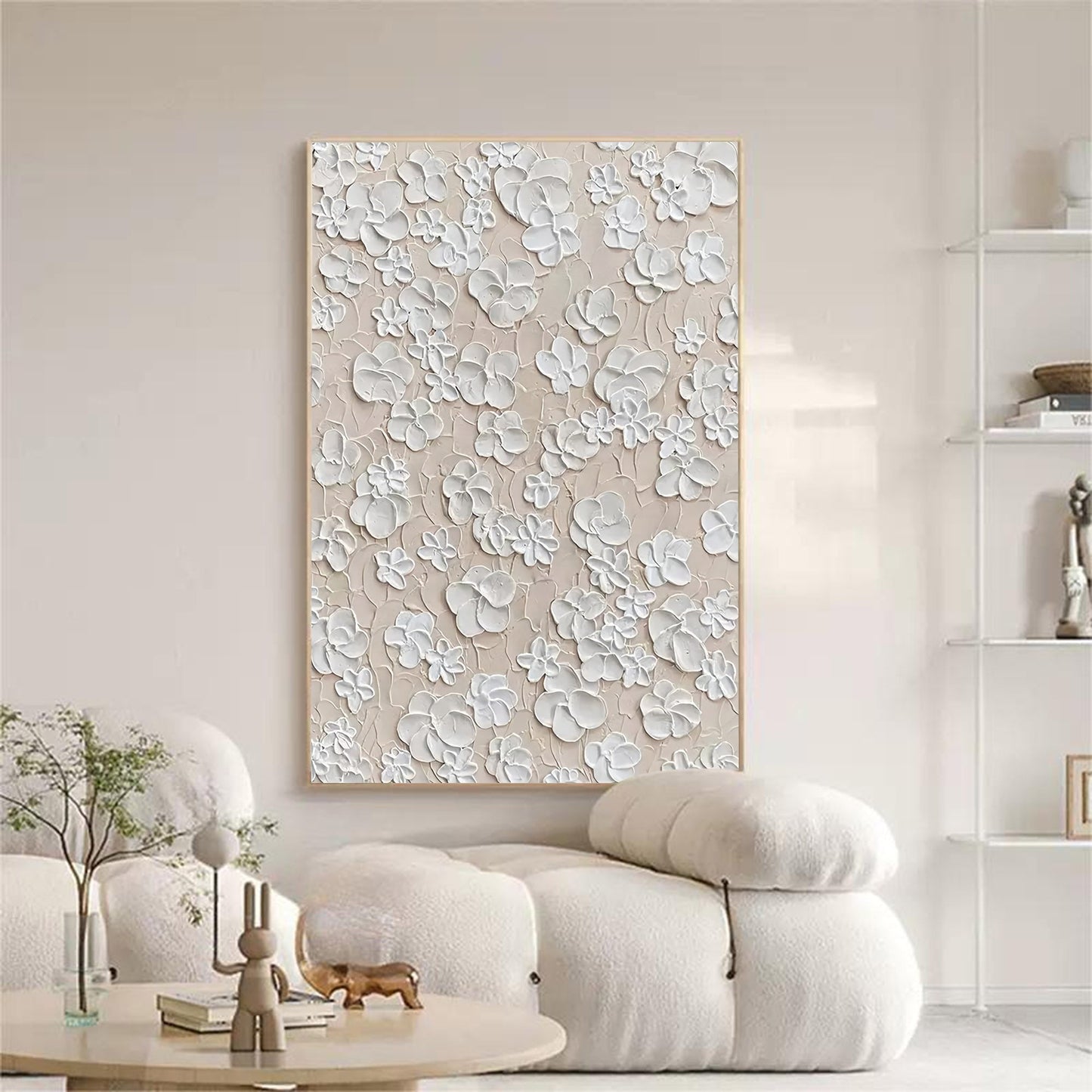Textured Floral White Oil Painting for Elegant Home Decor