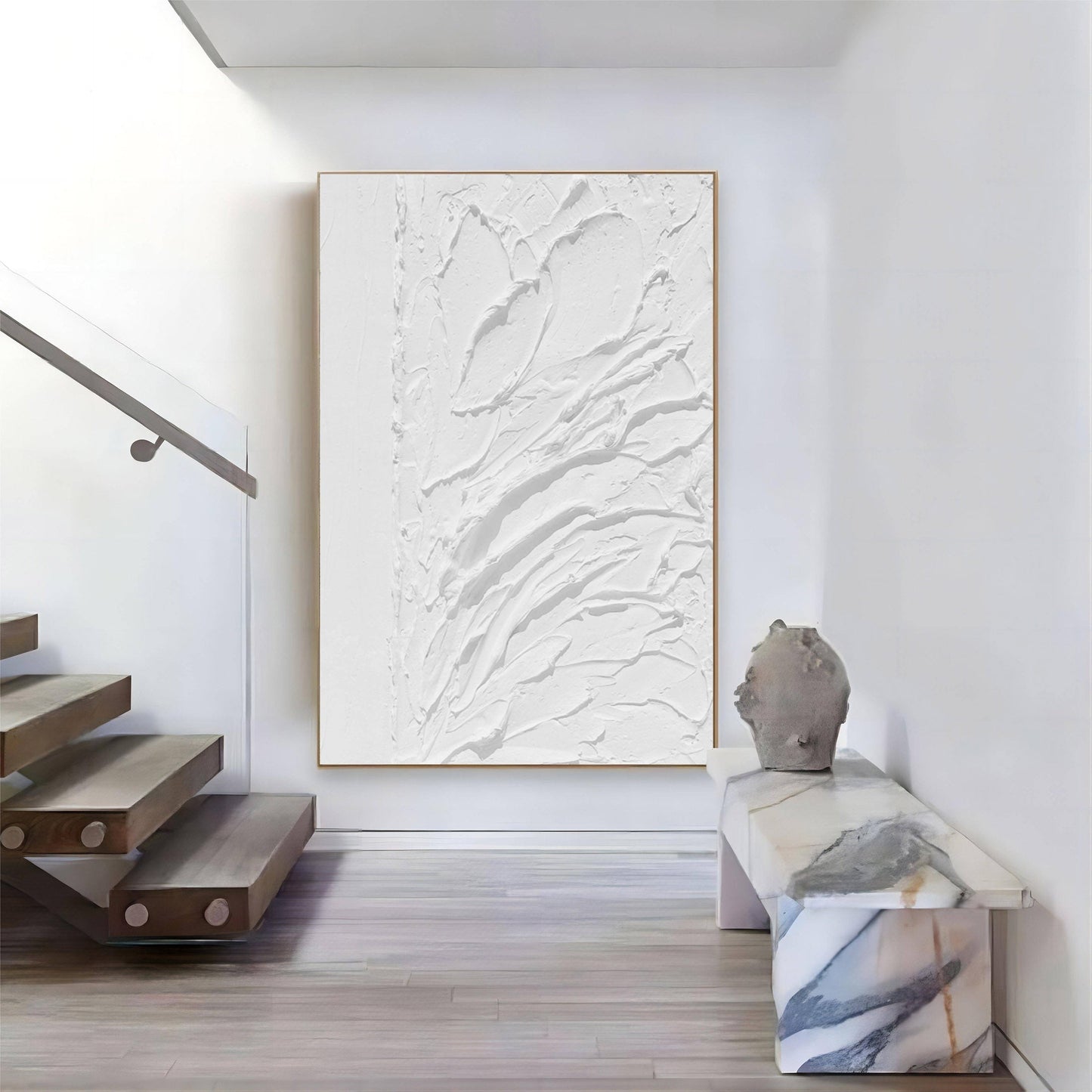 Textured White Floral Plaster Oil Painting for Elegant Home Decor