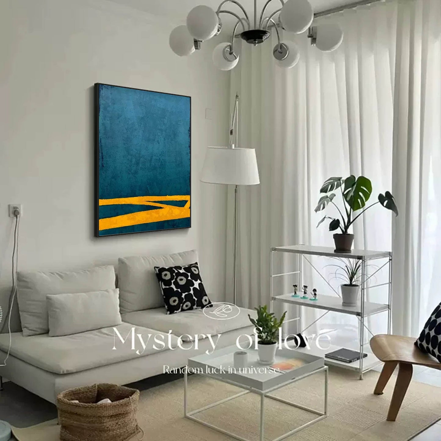 Modern Minimalist Oil Painting with Teal and Yellow Abstract Design