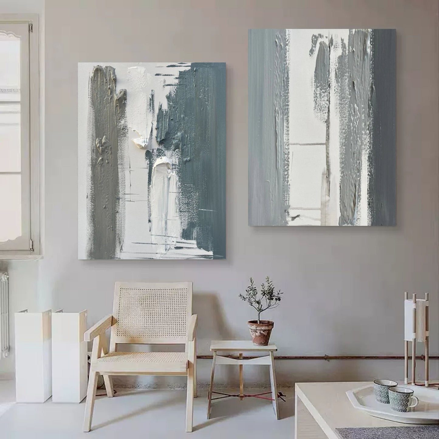 Contemporary Abstract Oil Paintings Pair for Modern Home Decor