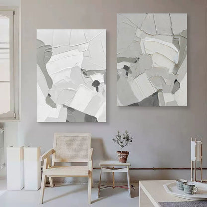 Contemporary Abstract Oil Painting Duo in Monochrome Shades for Modern Decor