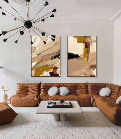 Elegant Minimalist Abstract Oil Painting in Earth Tones for Modern Home Decor