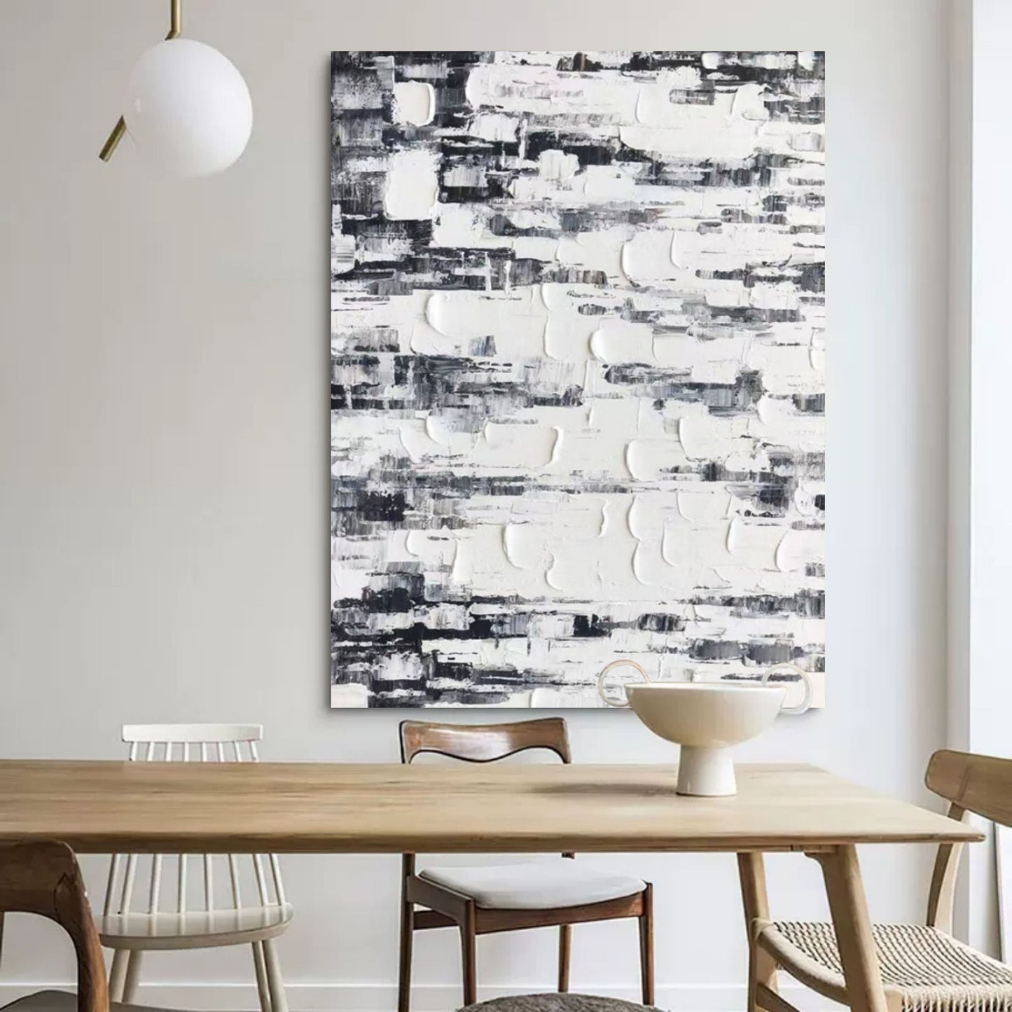 Textured Black and White Abstract Oil Painting for Modern Home Decor