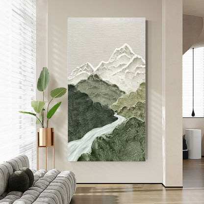 Serene Mountain Landscape Oil Painting, Wabi-Sabi Wall Decor for Tranquil Home