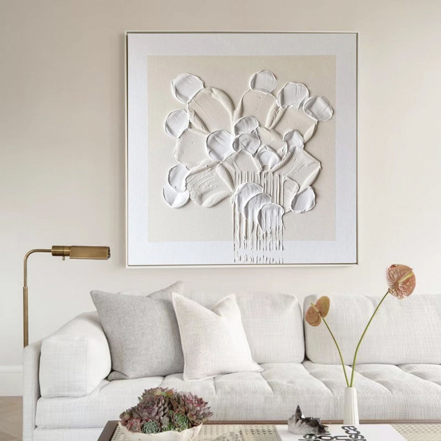 Textured White Floral Abstract Oil Painting for Modern Home Decor